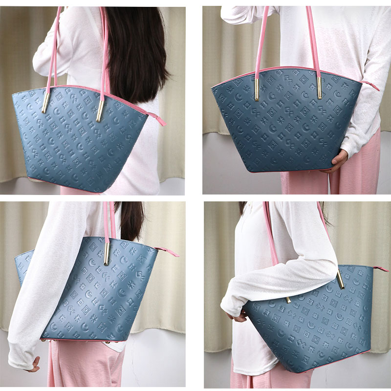 Blue women's embossed logo leather shoulder bag