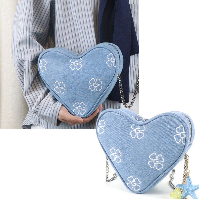 Women's Blue Printed Embroidered Love Heart Crossbody Bag